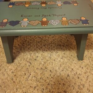 Farmhouse Rustic  Hand Painted Green Wooden Stool with Heart and People Design